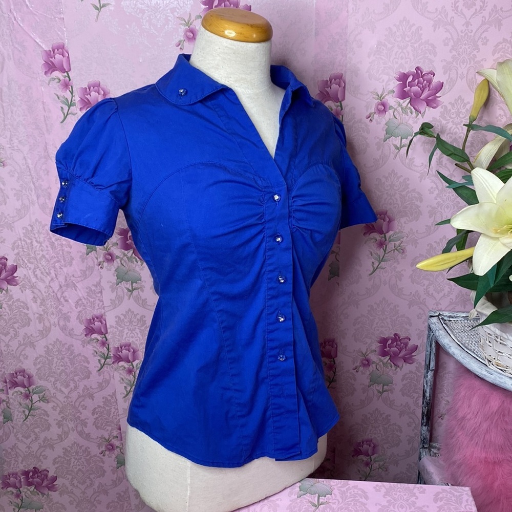 🦋 Dots 🦋 Blue Rhinestone Button Summer Puff Sleeve Blouse